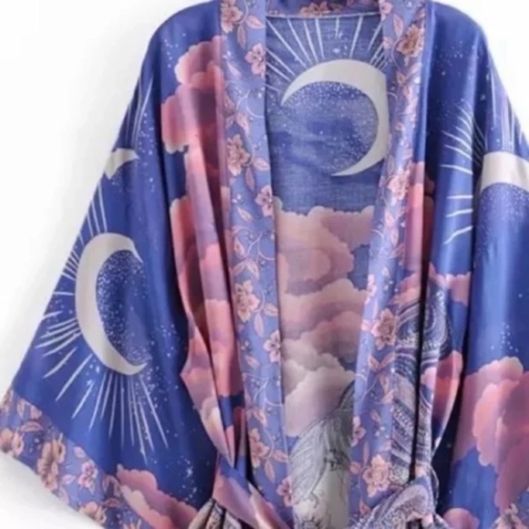 Cosmic Galaxy Moon Boho Short Kimono Coverup Robe - Picture 5 of 12